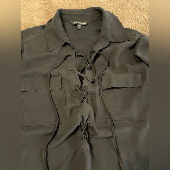 Express Black Sheer V Tie String, Button up Sleeve Blouse, Women’s M - Picture 4 of 6